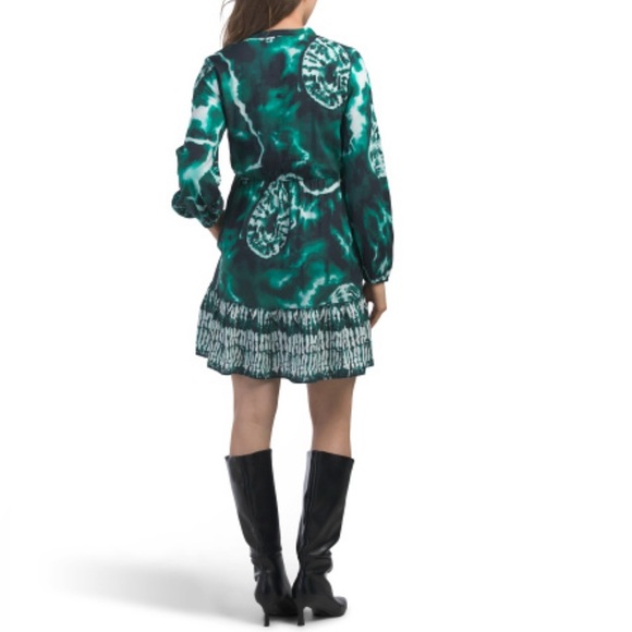 Garrie B Long Sleeve Mixed Print Emerald Green Mini Dress Size XS NWT - Picture 2 of 4